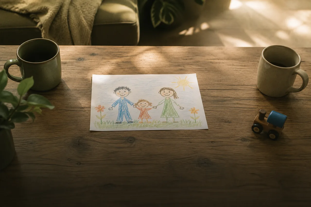 Casal com filhos decidindo se separar: desenho infantil e canecas separadas